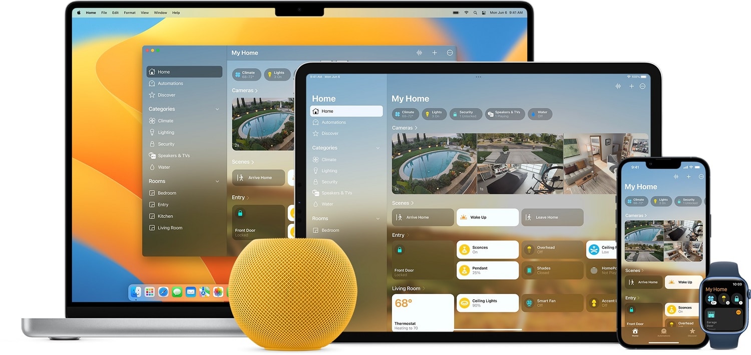 Apple devices displaying smart home controls.