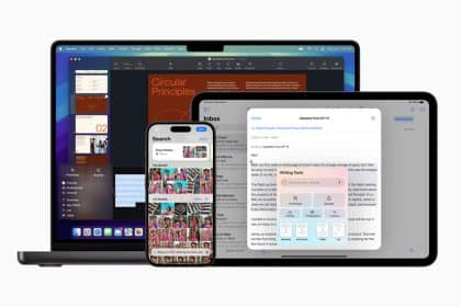 Apple Intelligence features displayed on MacBook, iPad, and iPhone screens.