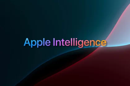 Apple Intelligence logo on a dark gradient background.