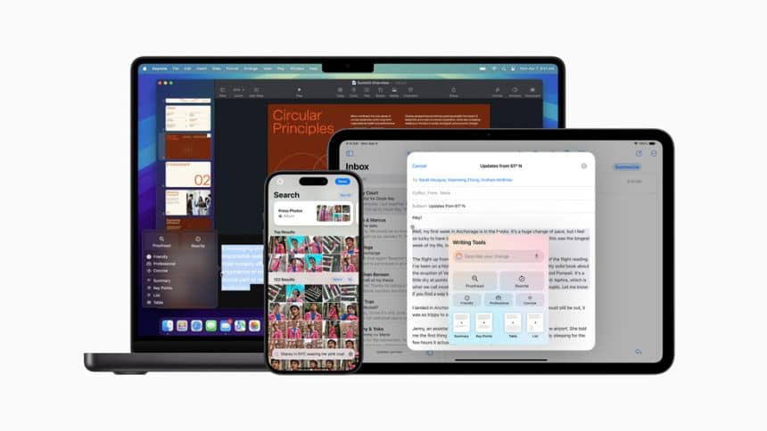 Apple Intelligence features displayed on MacBook, iPad, and iPhone screens.