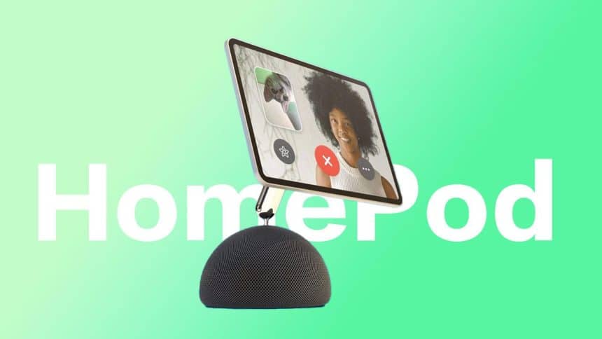 A HomePod device with a screen displaying a video call.