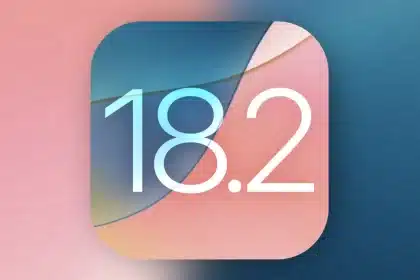 iOS 18.2 logo with gradient blue and pink background.