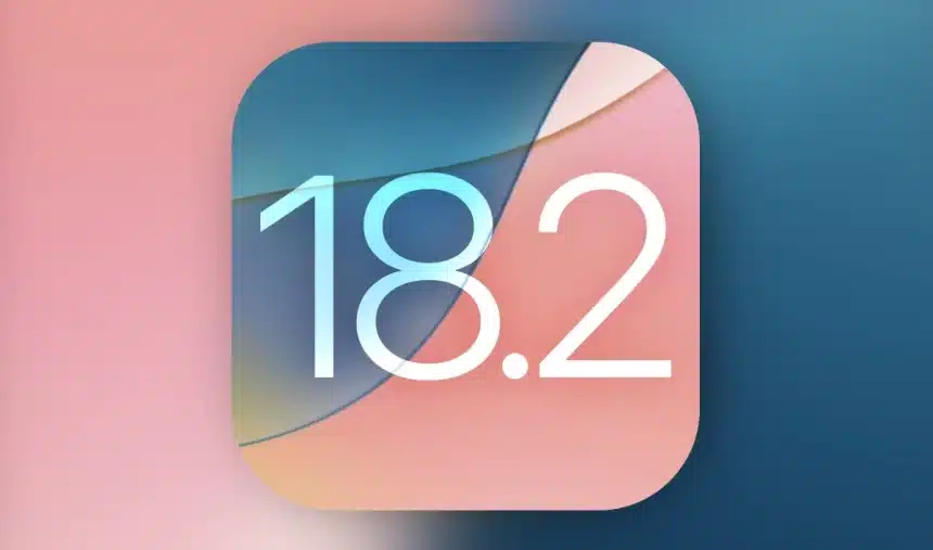 iOS 18.2 logo with gradient blue and pink background.