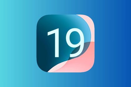 iOS 19 logo with a blue and pink gradient background.