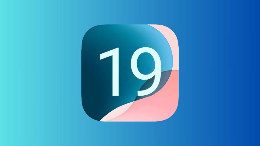 iOS 19 logo with a blue and pink gradient background.