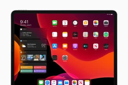 iPad screen showing iPadOS home screen with apps and widgets.