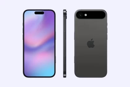 iPhone 17 concept showing front, side, and rear views.