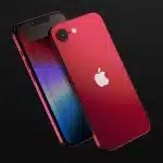 Red iPhone SE front and back view.