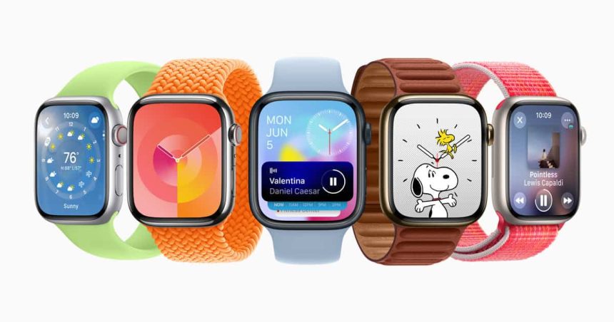 Apple Watch models showcasing various watch faces and colorful bands.