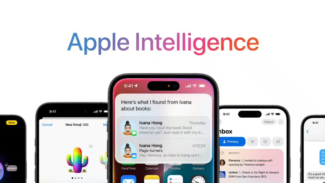 Apple Intelligence features displayed on iPhone screens.