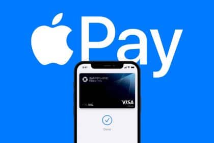 Apple Pay logo with an iPhone displaying a Visa card.