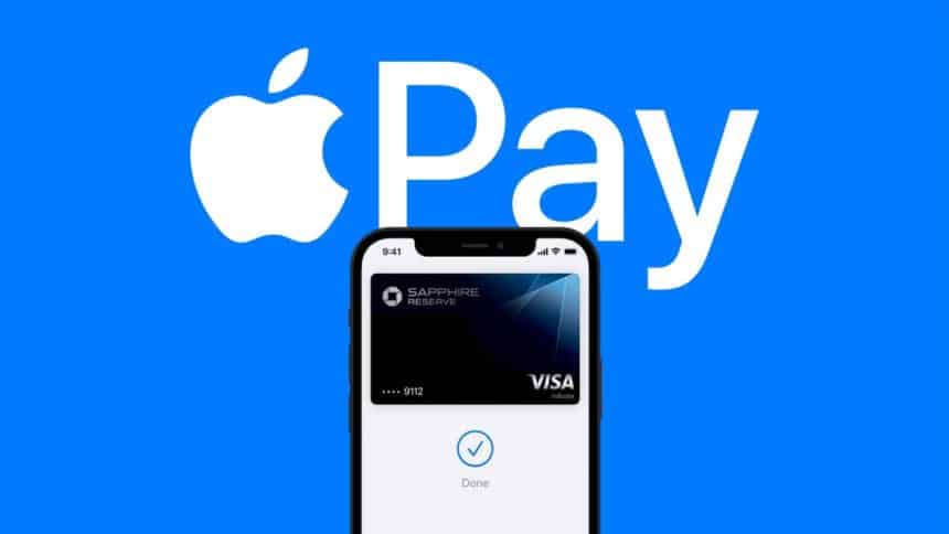 Apple Pay logo with an iPhone displaying a Visa card.