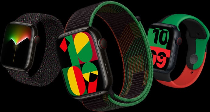 Apple's Black Unity Watch Bands featuring Pan-African-inspired designs.