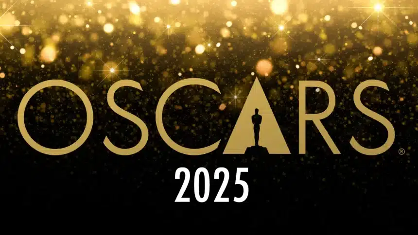 Oscars 2025 logo with a golden theme.