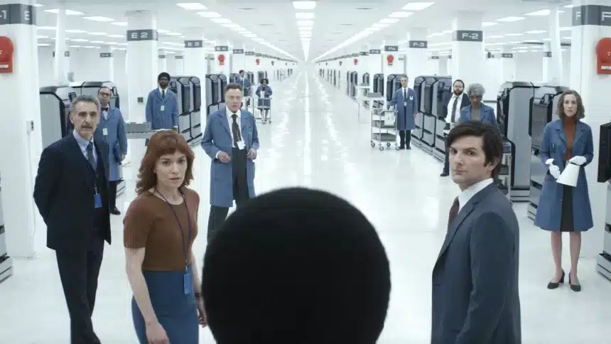 Severance TV show scene with main characters in a bright office hallway.