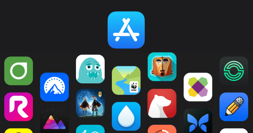 App Store logo with various app icons.