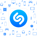 Shazam logo surrounded by music and device icons.