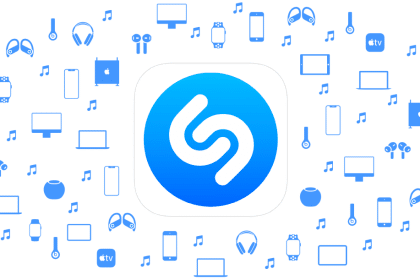 Shazam logo surrounded by music and device icons.