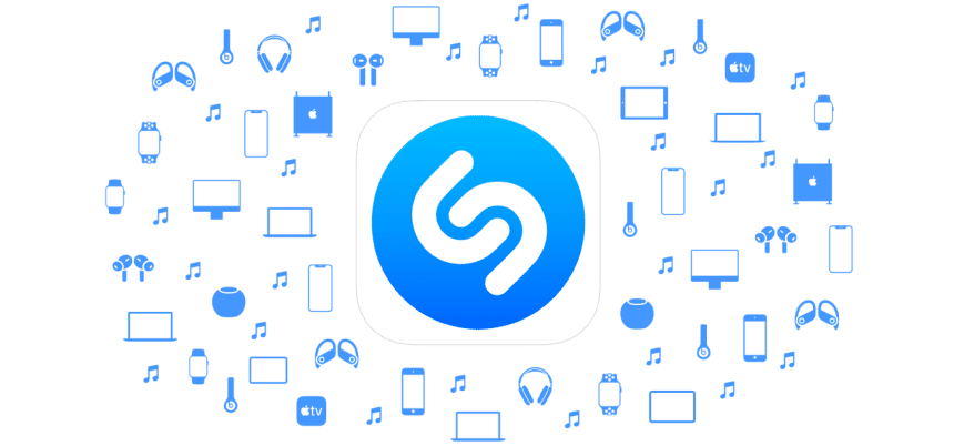 Shazam logo surrounded by music and device icons.