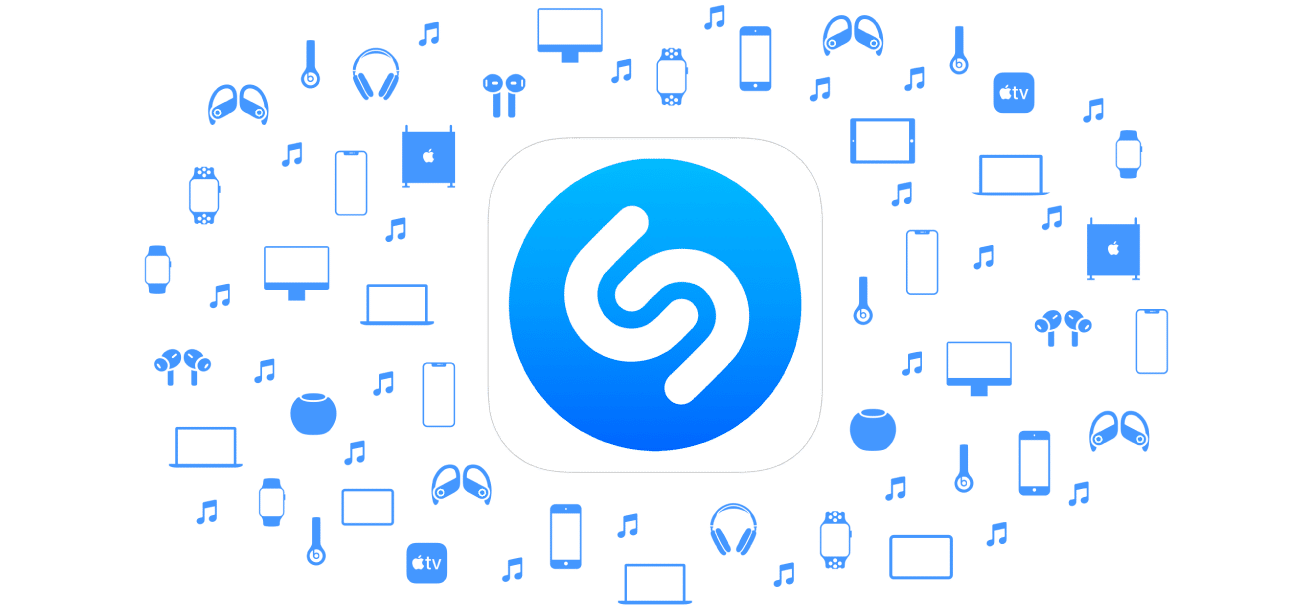 Shazam logo surrounded by music and device icons.