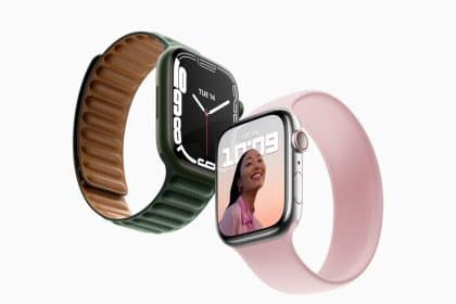 Two Apple Watch models with stylish bands showcasing vibrant display features.