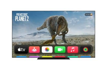 Apple TV displaying the Prehistoric Planet 2 interface with colorful app icons.