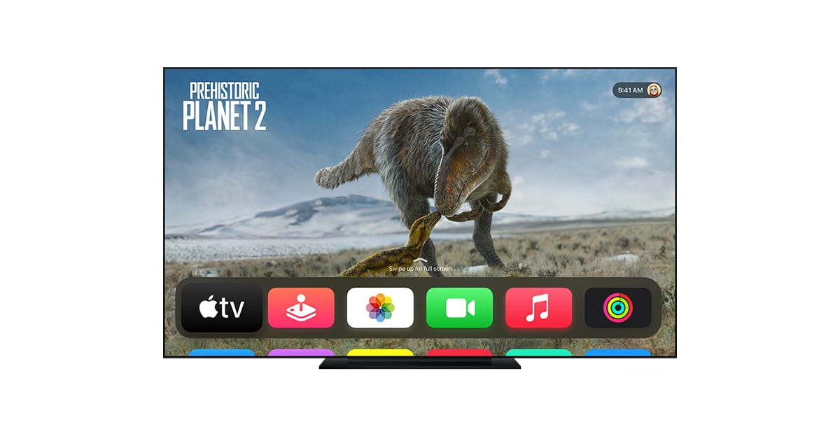 Apple TV displaying the Prehistoric Planet 2 interface with colorful app icons.