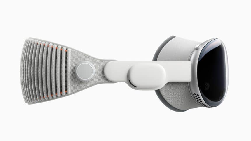 Side view of Apple Vision Pro headset with adjustable strap.