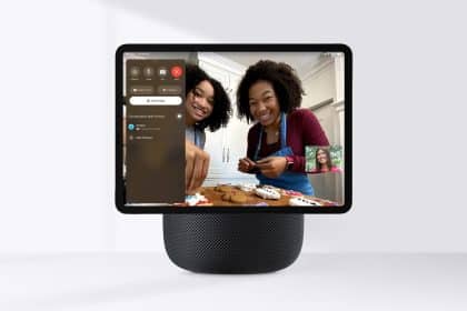 HomePod with a built-in screen showing a video call interface during a cooking session.