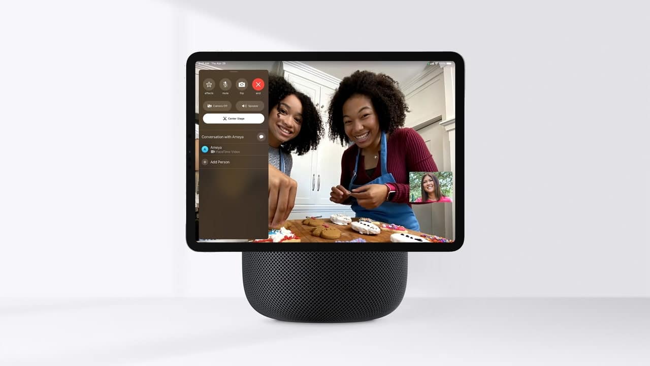 HomePod with a built-in screen showing a video call interface during a cooking session.