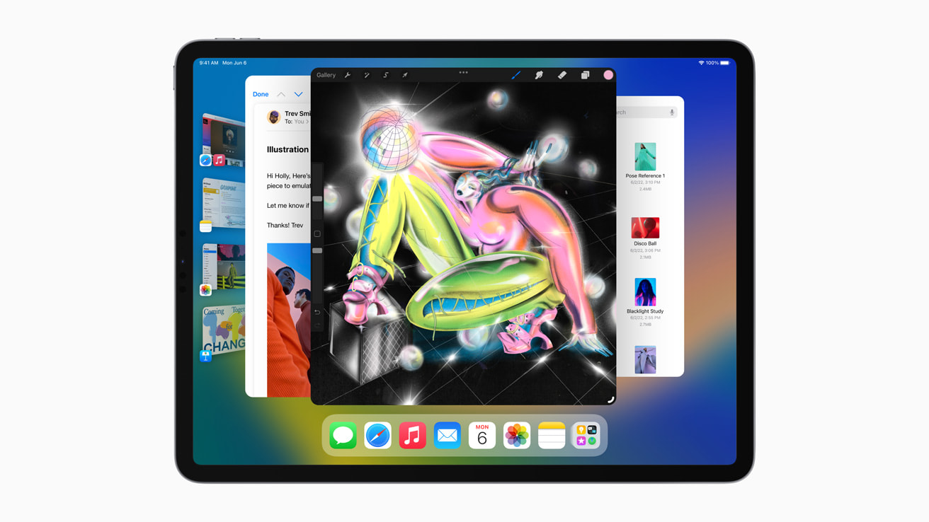 iPad displaying multitasking apps and colourful artwork