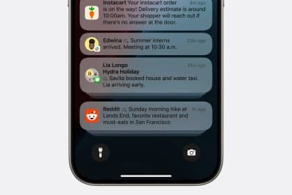 iPhone displaying notification summaries for various apps on the lock screen.