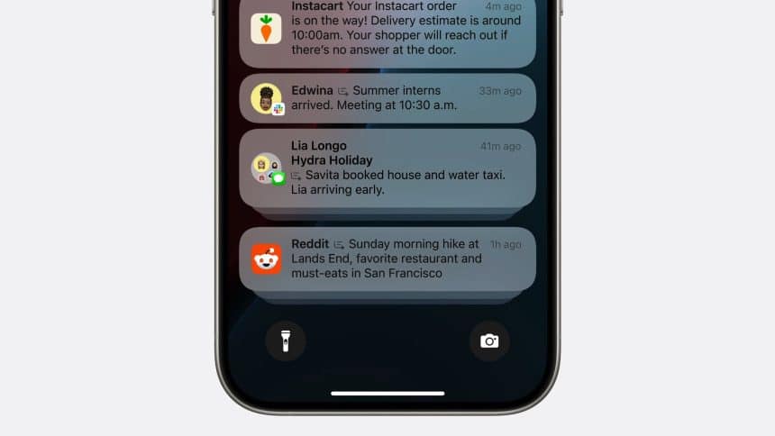 iPhone displaying notification summaries for various apps on the lock screen.