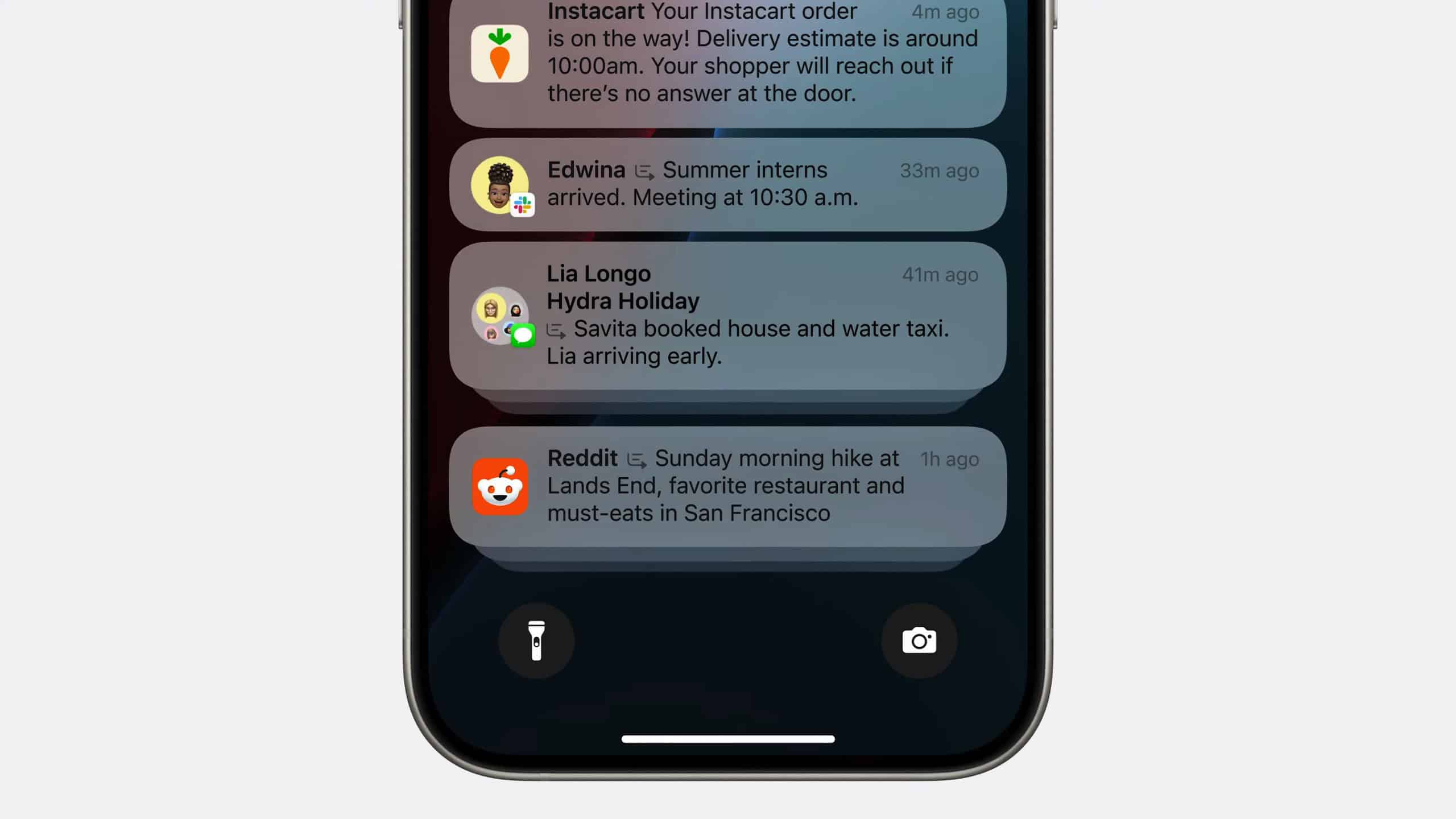 iPhone displaying notification summaries for various apps on the lock screen.