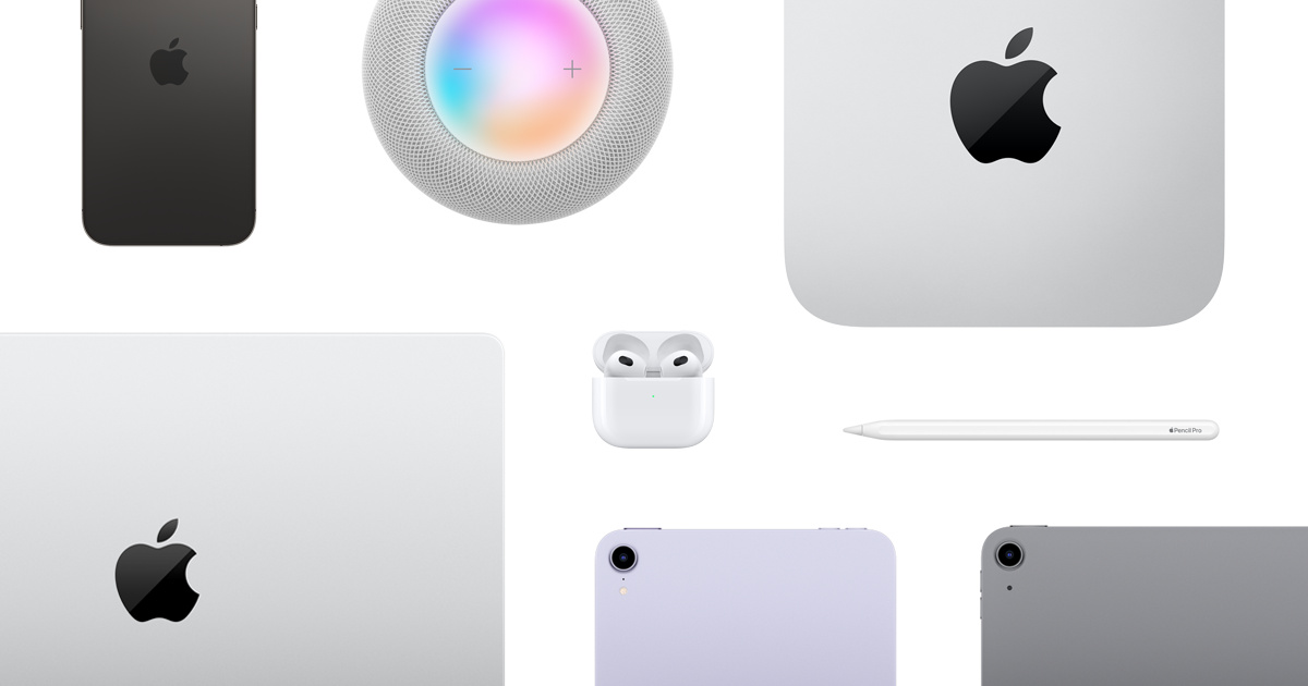 Apple devices including iPhone, MacBook, AirPods, and HomePod.