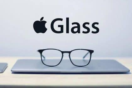 Apple Glass concept image with eyeglasses on a laptop.