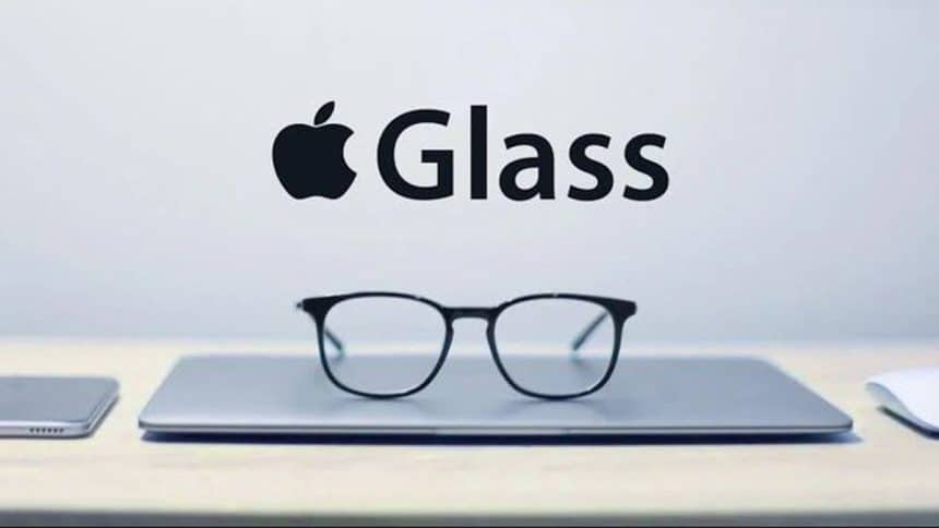 Apple Glass concept image with eyeglasses on a laptop.