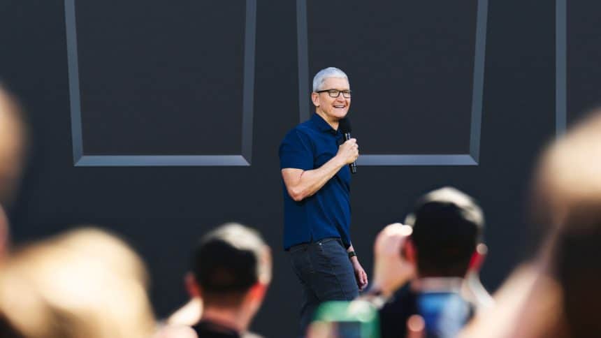 Tim Cook speaking at an event.