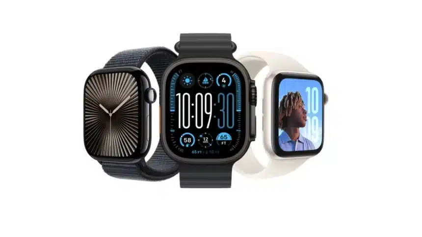 Three Apple Watch models showcasing different designs and watch faces.