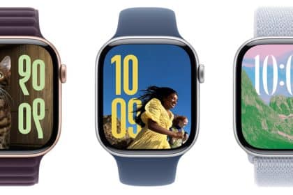 Three Apple Watches showcasing vibrant watch faces with pets, people, and scenic landscapes.