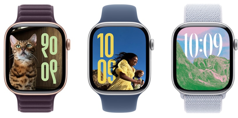 Three Apple Watches showcasing vibrant watch faces with pets, people, and scenic landscapes.