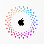 Apple logo surrounded by a colourful circular dot pattern on a white background.