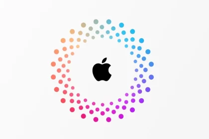 Apple logo surrounded by a colourful circular dot pattern on a white background.