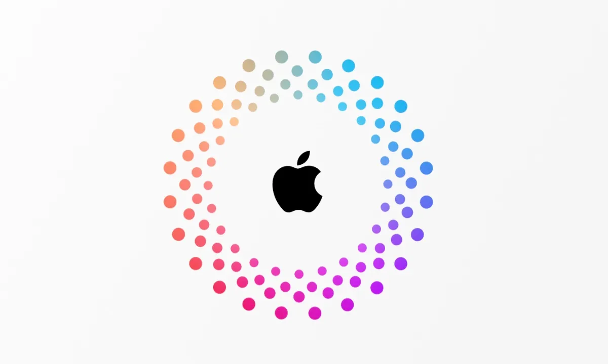 Apple logo surrounded by a colourful circular dot pattern on a white background.