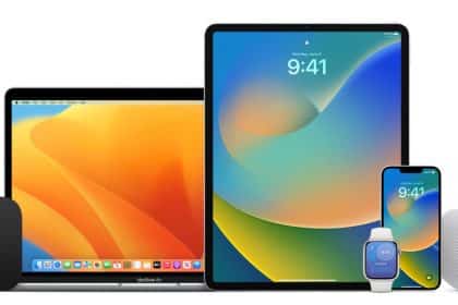 Apple devices including a MacBook, iPad, iPhone, Apple Watch, Apple TV, and HomePod.