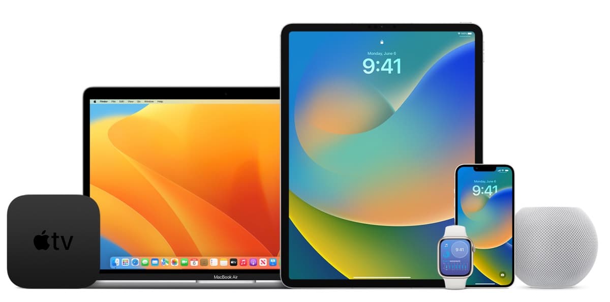 Apple devices including a MacBook, iPad, iPhone, Apple Watch, Apple TV, and HomePod.