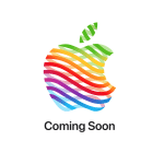 Apple logo with rainbow stripes and 'Coming Soon' text.