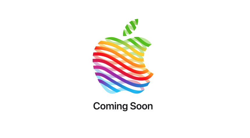 Apple logo with rainbow stripes and 'Coming Soon' text.