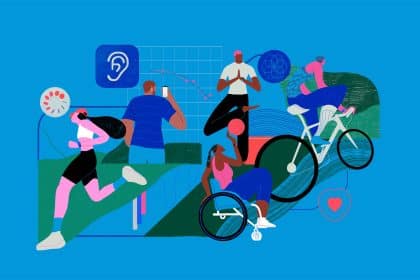 Illustration of diverse people engaging in various fitness activities, representing health and wellness.