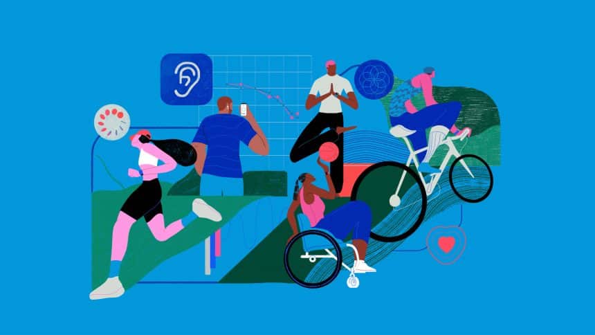 Illustration of diverse people engaging in various fitness activities, representing health and wellness.